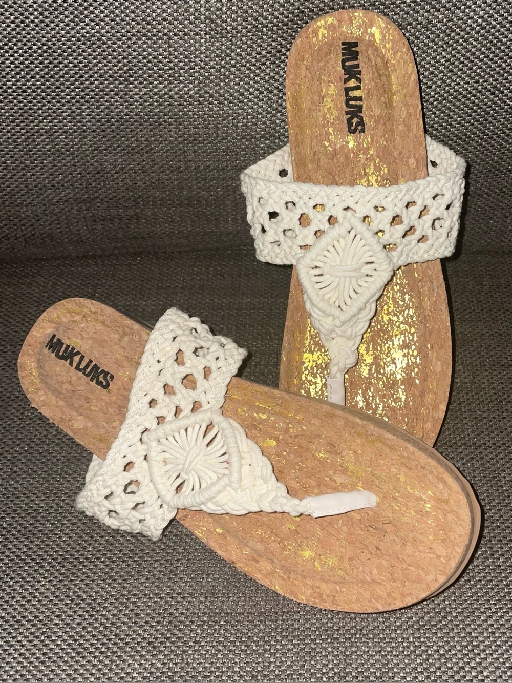 Muk Luks White Macramé Thong Sandals with Cork-Look Footbed